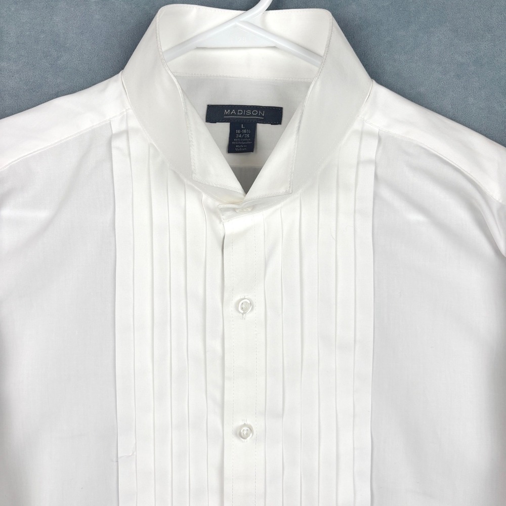 Madison Mens Tuxedo Shirt White Wing Collar Pleated Bib French Cuff L 16-16.5